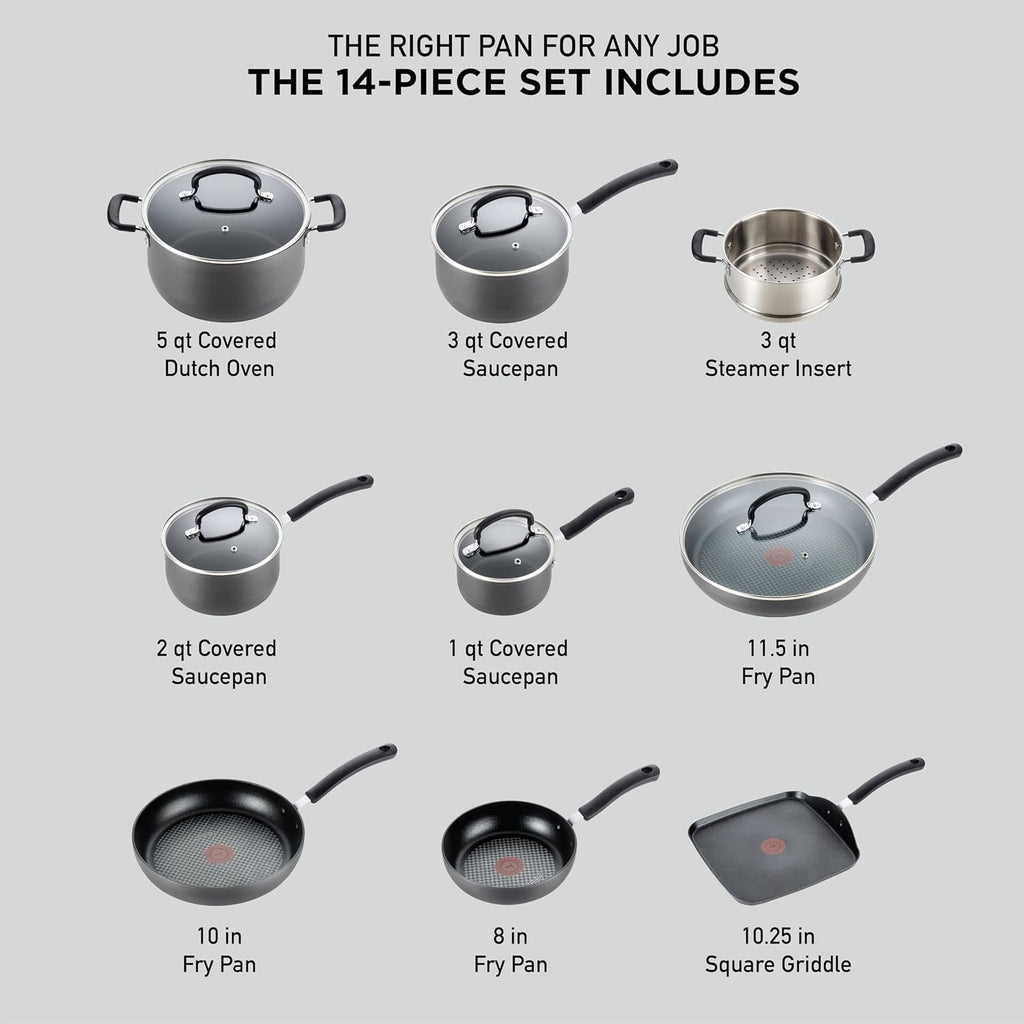 T-fal Ultimate Hard Anodized Nonstick Pots and Pans Set 14 Piece, Oven Broiler Safe 400F, Kitchen Cooking Set w/Fry Pans, Saucepans, Griddle, Dutch Oven, Dishwasher Safe, Cookware, Onyx
