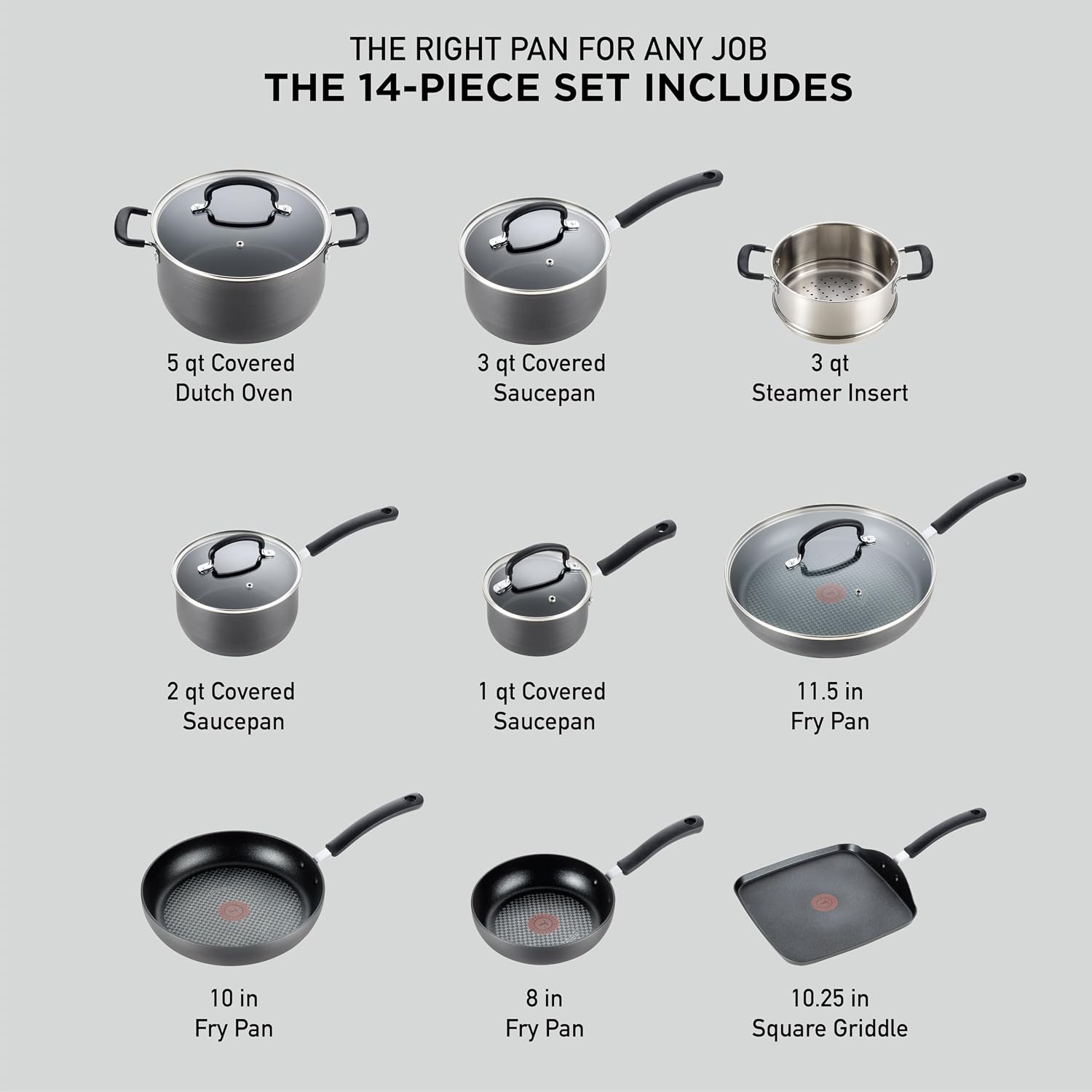 T-fal Ultimate Hard Anodized Nonstick Pots and Pans Set 14 Piece, Oven Broiler Safe 400F, Kitchen Cooking Set w/Fry Pans, Saucepans, Griddle, Dutch Oven, Dishwasher Safe, Cookware, Onyx