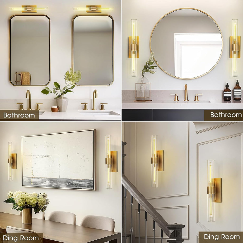 Brass Bathroom Vanity Wall Sconces, Glass Tube Wall Sconces, 24 Inch Horizontal or Vertical Linear Wall Sconces,Gold Vanity Light, Bathroom Wall Sconce, E26 Bulb Included