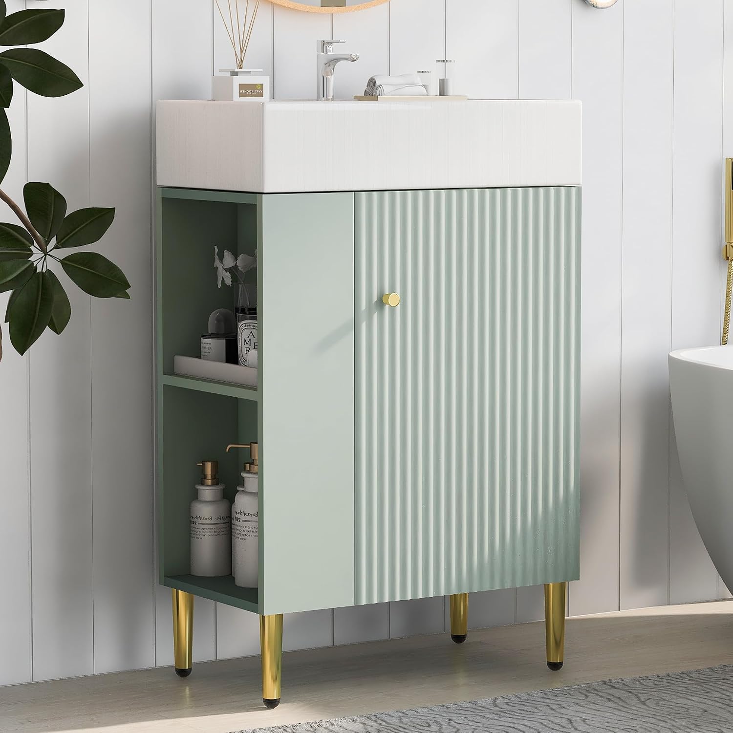 Merax 21.6' Bathroom Vanity, 21.6 Inch Freestanding Bathroom Vanity with Sink, Modern Vanity Floor Standing with 1 Door and White Ceramic Basin Sink Top, Green