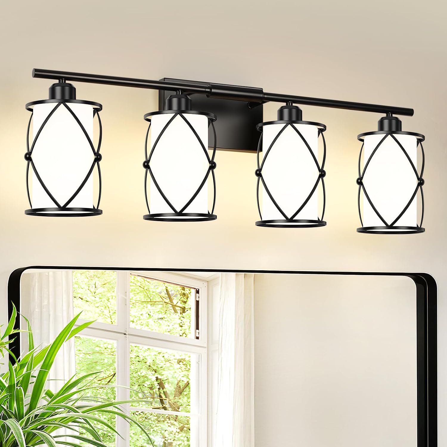 4-Light Black Bathroom Light Fixtures with Milk White Frosted Glass, 29' Modern Bathroom Vanity Lighting Fixtures Over Mirror with Metal Cage, Wall Sconce Lights for Bath, E26, CH9176BKW-4W