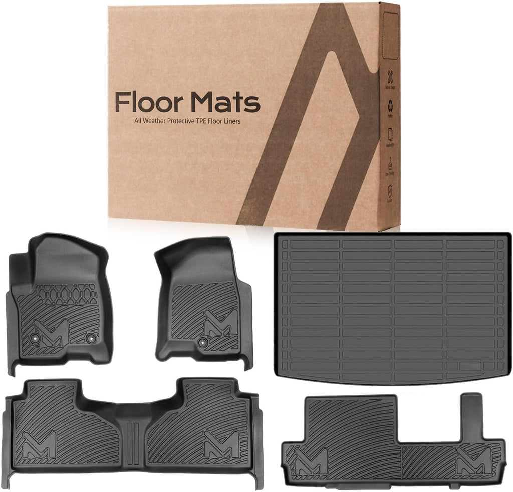 TPE Automotive Floor Mats & Cargo Liner Custom for 2021-2025 Chevy Suburban 8 Seats, All Weather Cover Protection Waterproof Black Liner Front & Rear Row Full Set Car Mats for 21-25 GMC Yukon XL, 5PCS