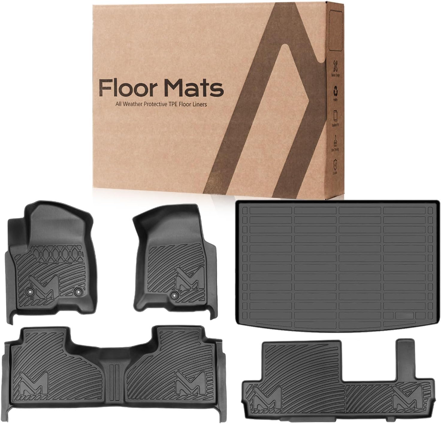 TPE Automotive Floor Mats & Cargo Liner Custom for 2021-2025 Chevy Suburban 8 Seats, All Weather Cover Protection Waterproof Black Liner Front & Rear Row Full Set Car Mats for 21-25 GMC Yukon XL, 5PCS