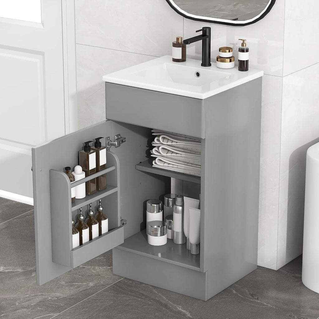 18-inch Bathroom Vanity Sink Combo, Free-Standing Single Storage Cabinet with Adjustable Shelf & Storage Rack, Wooden Bath Vanity with Ceramic Basin for Bathroom (Grey)