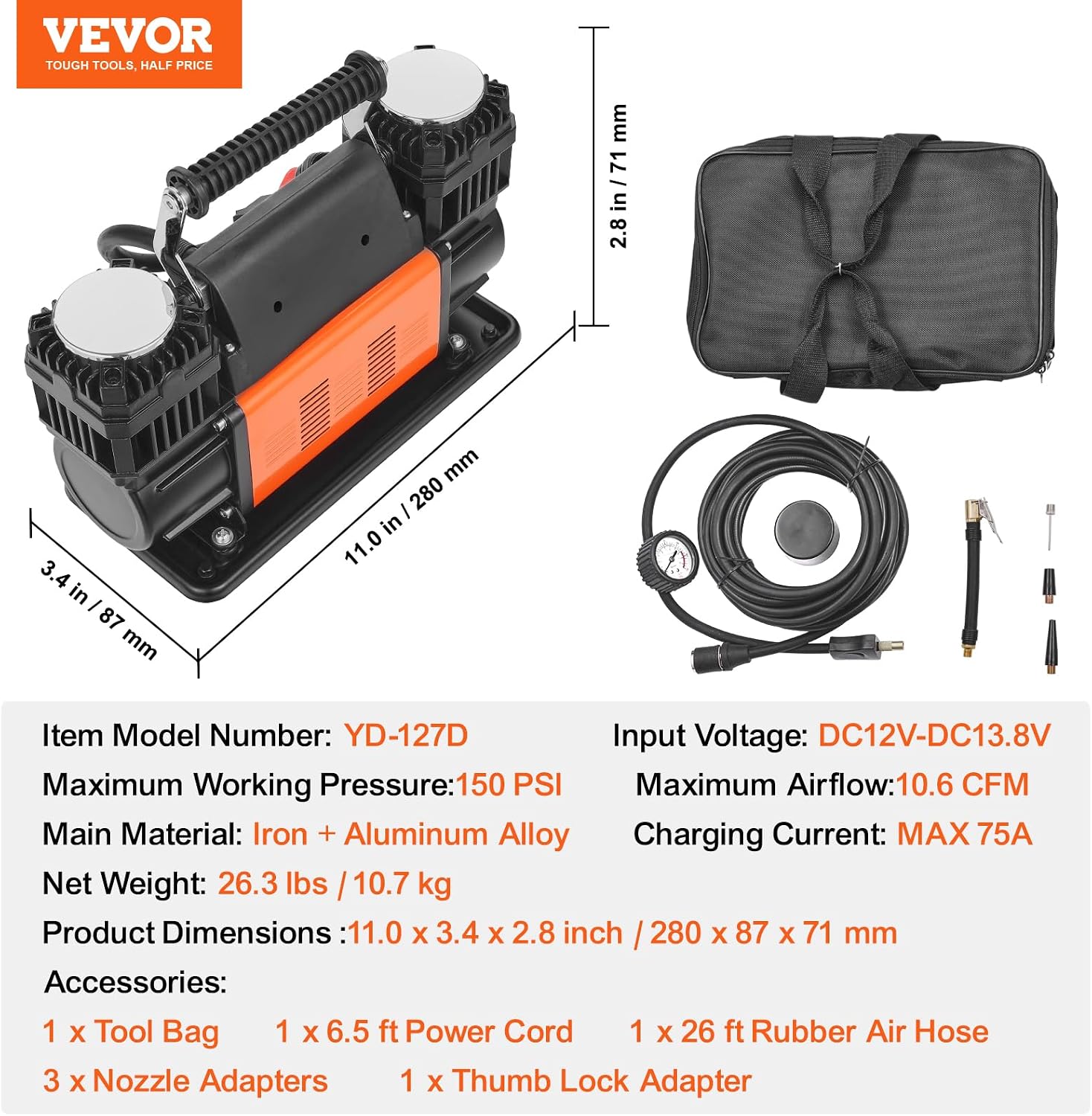 VEVOR 10.6 CFM Heavy Duty Air Compressor, 30s Fast Inflation | Dual-Cylinder Portable Tire Inflator, 12V 150PSI Offroad Air Pump with Adapters for Trucks Car SUV 4 x 4 Vehicle RV