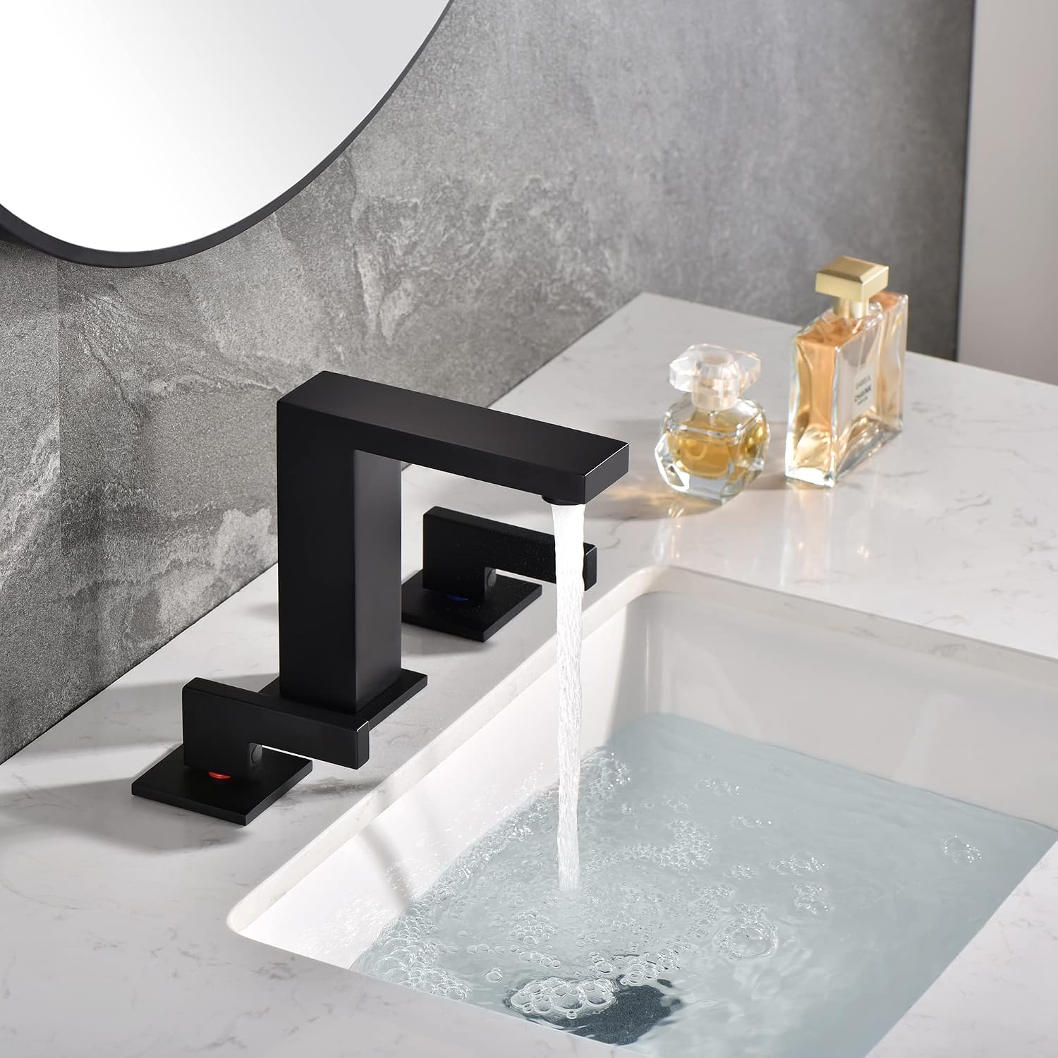 sumerain Widespread Matte Black Bathroom Sink Faucet 8 Inch 3 Hole Lavatory Faucet Vanity Faucet with Y Shape Quick Connect Hose