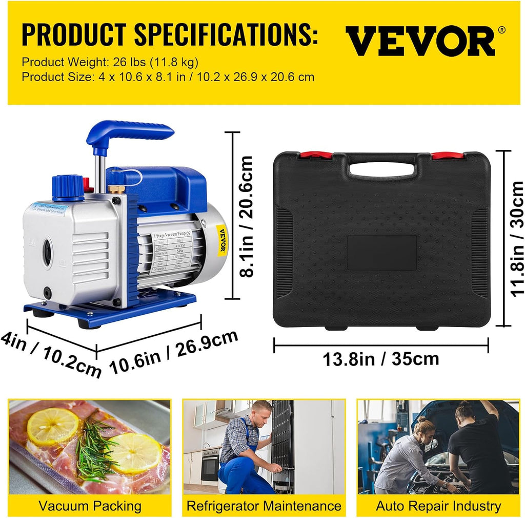 VEVOR Vacuum Pump 4.8CFM 1/4 HP Single Stage HVAC A/C Refrigeration Kit 5PA Ultimate Vacuum Manifold Gauge Set R12 R404A R410A R134A R22 HVAC AC, Manifold Gauge and Hose for Air Conditioning Systems