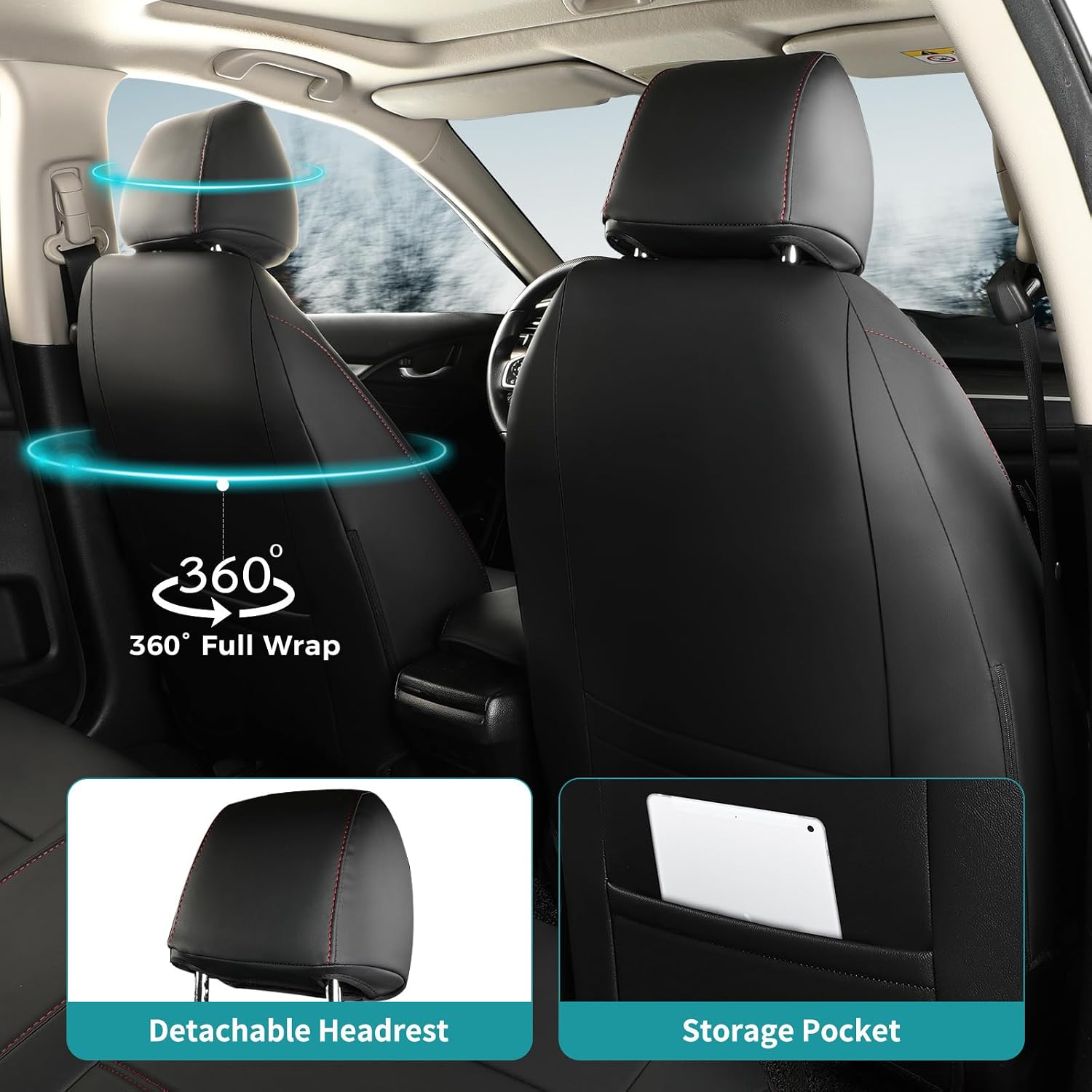 Seat Covers for Honda Civic Sedan Sport 2022 2023 2024 & LX 2022-2026, Custom Faux Leather Car Seats Cover Full Set Waterproof - Black Red Line (Solid Rear Seatback - NO Rear Armrest)