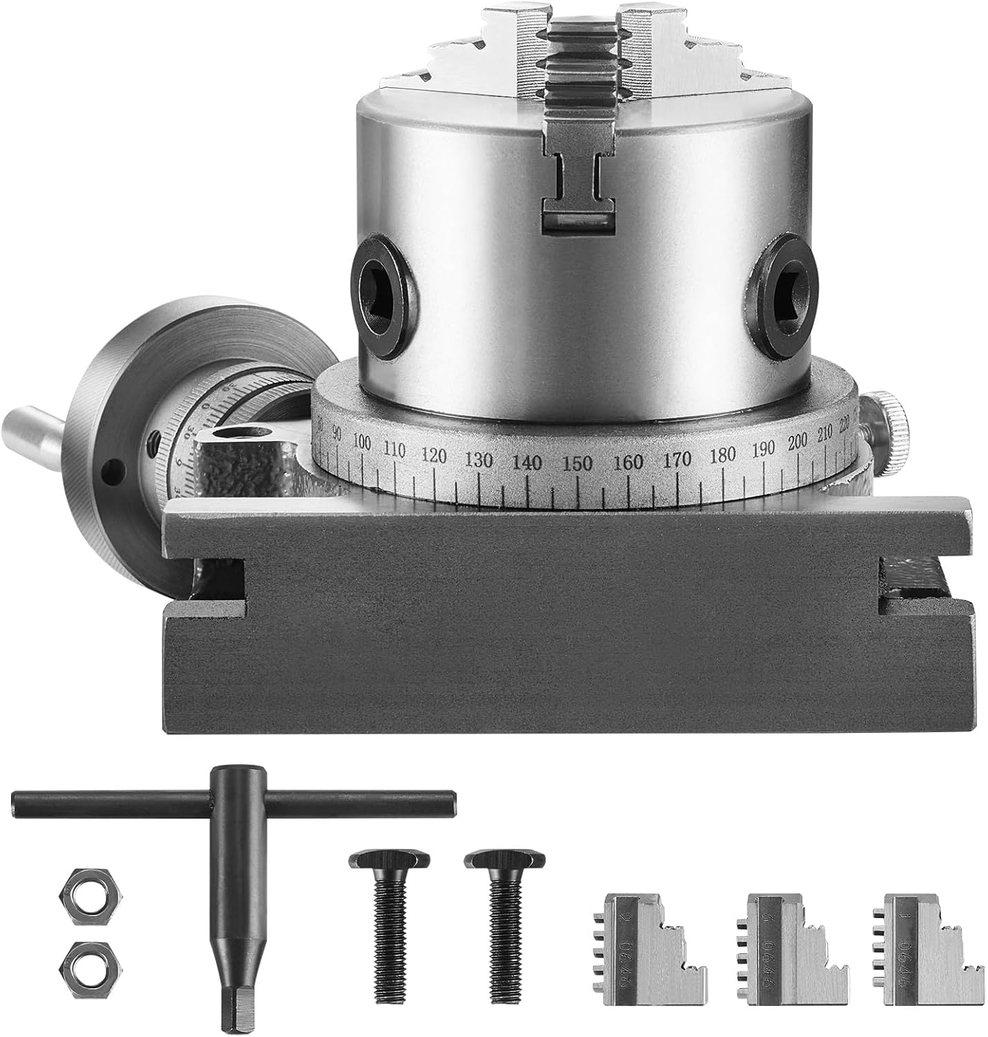 VEVOR Rotary Table for Milling Machines, 4''/ 100 mm, Horizontal Vertical Model Precision Milling Rotary Table, with 3.1''/80 mm 3-Jaw Chuck M10 T-Bolts Nuts, for Milling Engineering Indexing Tools