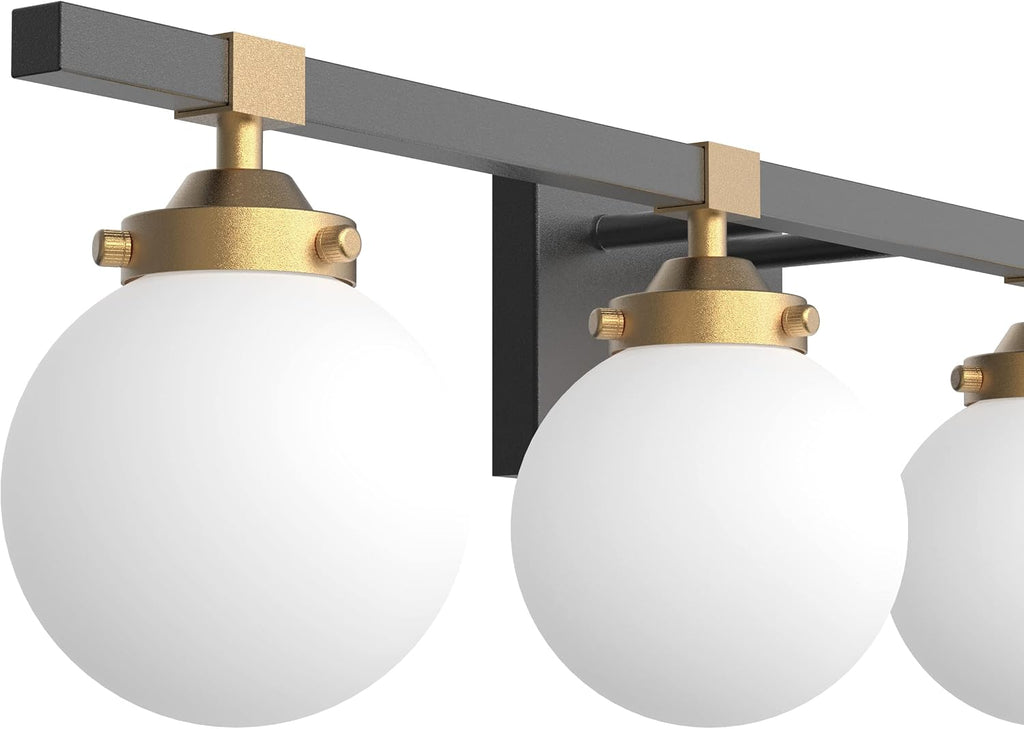 Tipace 4 Lights Mid Century Modern Bathroom Vanity Light Fixtures Over Mirror,Black/Golden Vanity Lights with Milk White Glass Globe for Bathroom(Exclude Bulb)