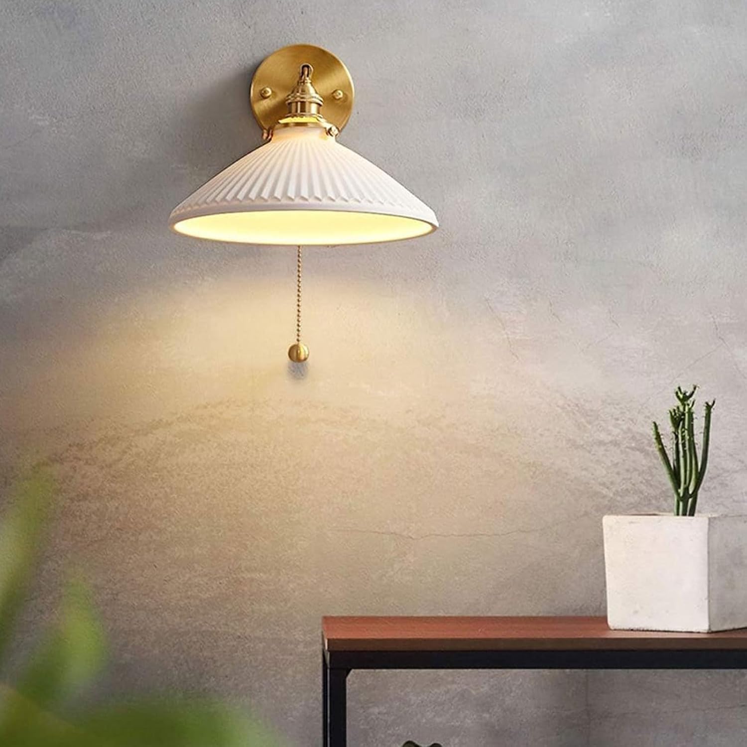 Vintage Ceramic Wall Sconce with Pull Cord Switch, Brass Wall Light Fixture, E27 Bedside Lamp for Living Room, Dining Room, Bedroom, Study - 1 Pack/2 Pack (2 Pack)