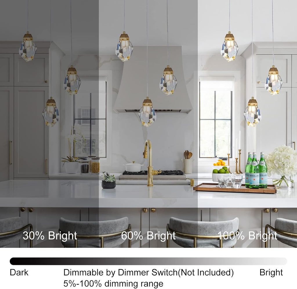 3 Lights Crystal Pendant Light Modern Cluster Chandelier - Dimmable LED Pendant Light Fixture with Brass Teardrop Design - Stylish Lighting for Kitchen Island, Dining Room, Hallway, Bathroom