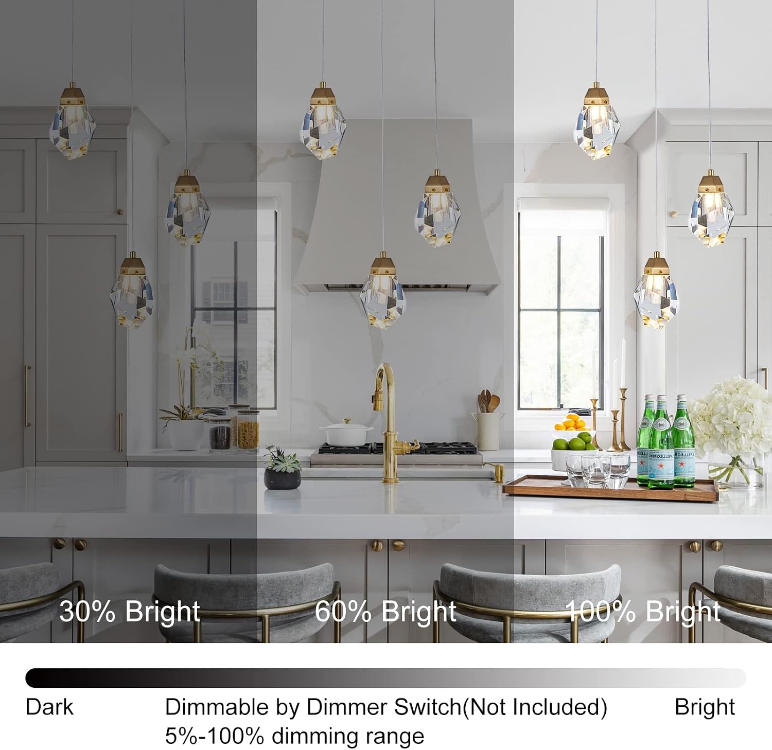 3 Lights Crystal Pendant Light Modern Cluster Chandelier - Dimmable LED Pendant Light Fixture with Brass Teardrop Design - Stylish Lighting for Kitchen Island, Dining Room, Hallway, Bathroom