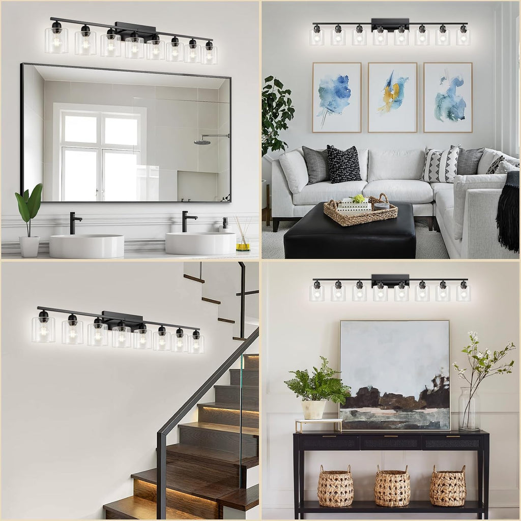 Bath Vanity Lights for Mirror, Restroom Lights Fixtures with Milky White Frosted Glass Shades,Bathroom Over Sink Light Fixtures (Black & Clear Glass, 8-Light)