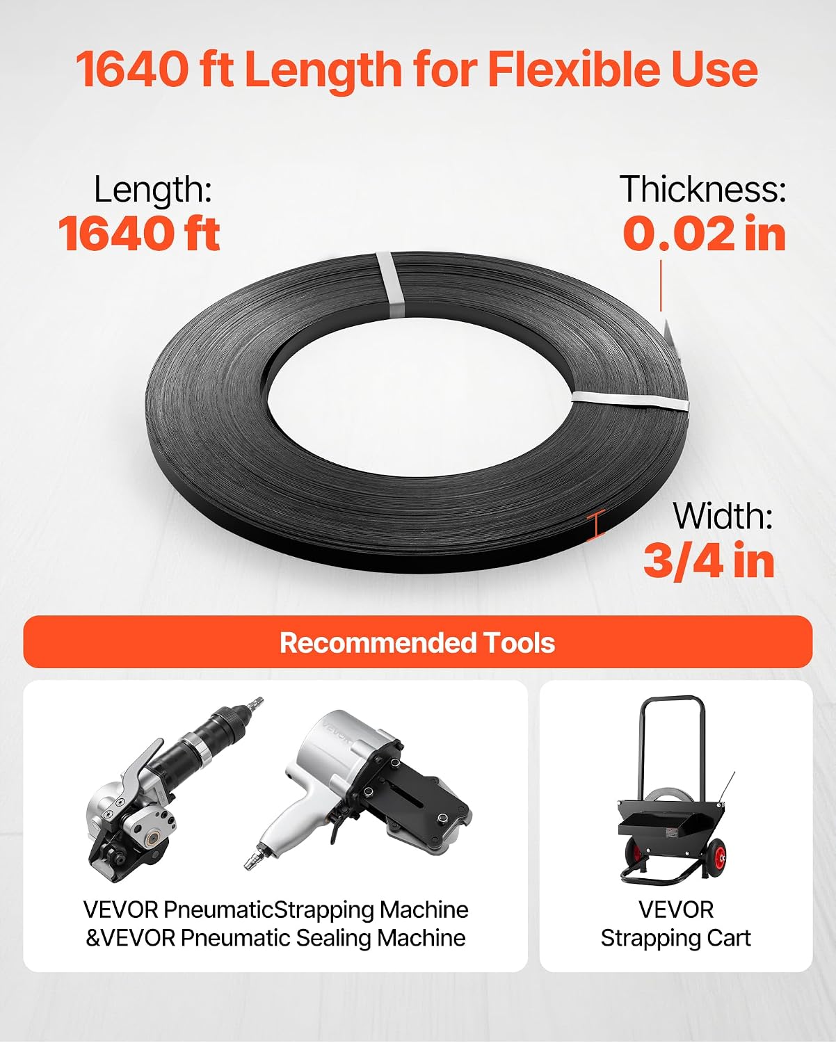 VEVOR Steel Strapping Coil, 3/4 in x 0.02 in x 1640 ft, Metal Strapping Banding Roll Withstands Harsh Environment, 1700 lbs Break Strength, Heavy Duty Banding Pallet Strap Coil for Pallet Packing