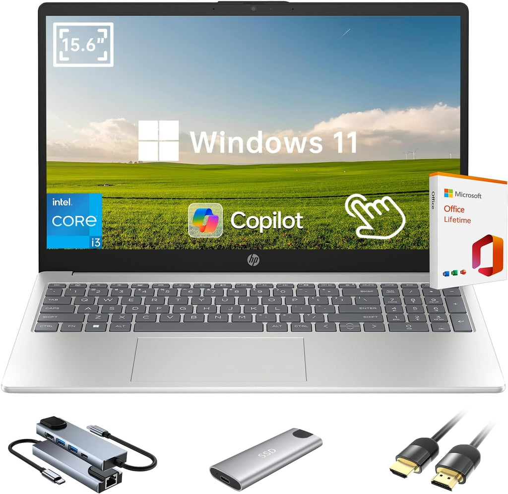 HP 2025 New 15.6' HD Touchscreen Laptop, Intel i3-1315U, 64GB RAM, 1TB SSD + 256GB Portable SSD, AI Copilot, Office Lifetime, Bundle with Docking Station & HDMI, for Business & Student, Windows 11