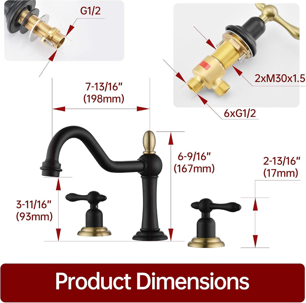 sumerain 8 inch Widespread Bathroom Faucet, 2 Handles Vintage Style Lavatory Faucet for Sink 3 Hole, Black and Gold