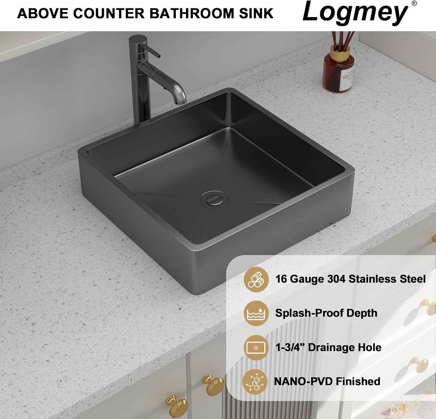 Logmey 15' Black Shallow Bathroom Vessel Sink 15x15 Square Handmade 16 Gauge Stainless Steel Above Counter 4 Inch Deep RV Bathroom Sink Sinks with Pop up Drain Set