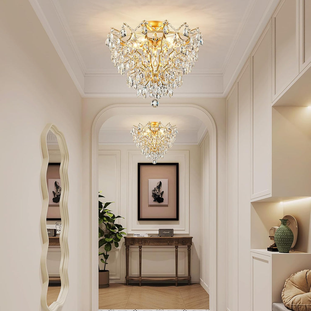 WUZUPS 6-Light Crystal Chandelier Ceiling Light Modern Lighting Fixture for Bedroom Hallway Bar Kitchen Bathroom, H 15.6' W 20.1', E12 Base, Gold