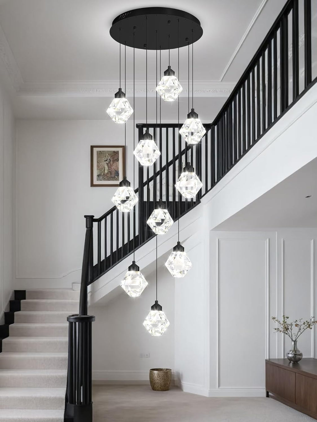 10-Light Chandelier Staircase Chandeliers for High Ceilings Crystal Chandeliers for Living Room Black Pendant Light Dimmable LED Hanging Light with Remote