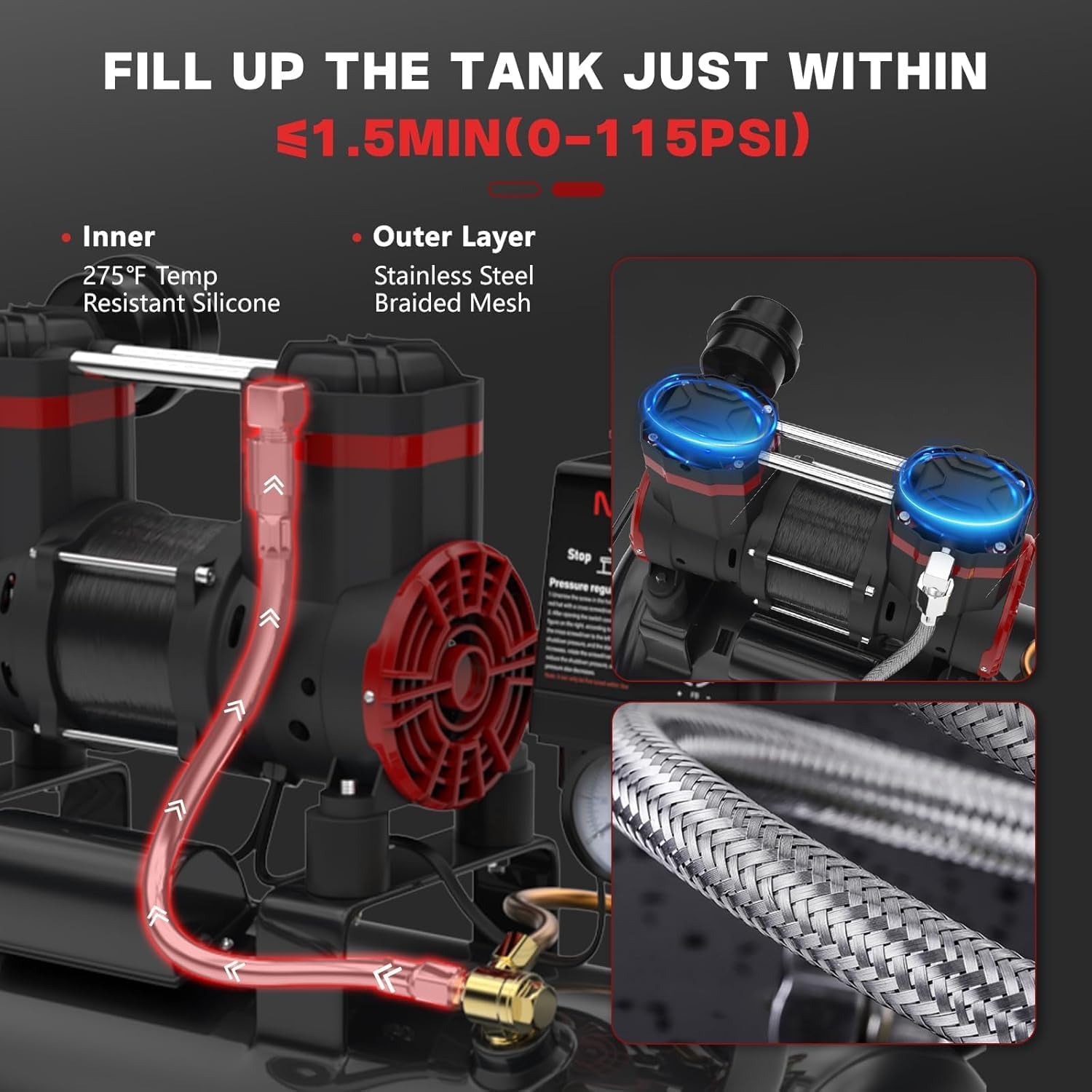 Ultra Quiet Air Compressor 8 Gallon, 1.5HP 4.52 CFM Max 115 PSI Pressure Oil-Free Steel Tank, Air Compressor with 2 Quick Couplers for Auto Repair, Tire Inflation, Spray Painting, Woodwork Nailing