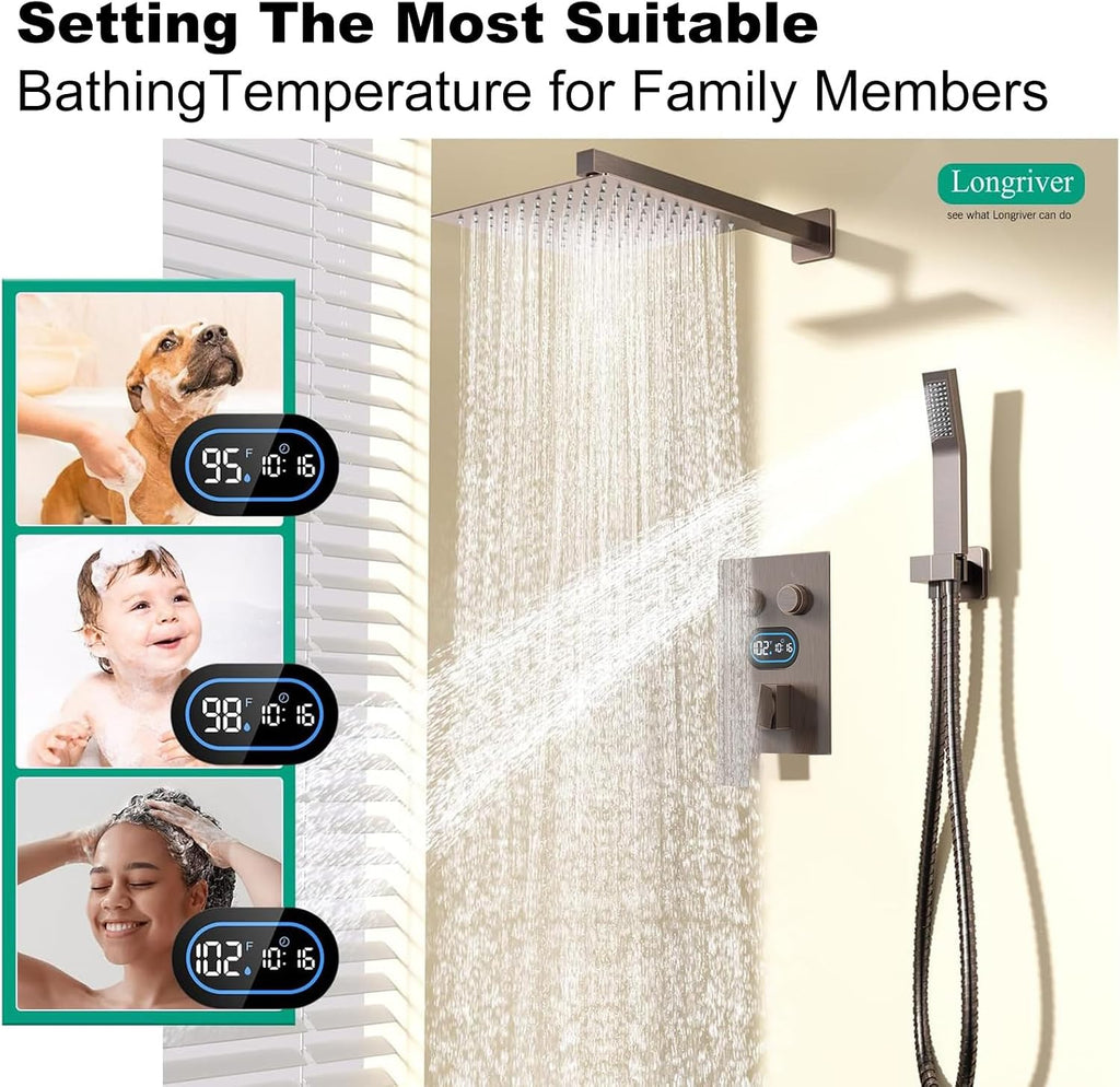 Push Button Diverter Shower Faucet Set Hydro Power Temperature Display, Shower System 10 Inches Shower Head with Handheld Spray, Wall Mounted Shower Fixtures with Valve and Trim Kit, Oil Rubbed Bronze