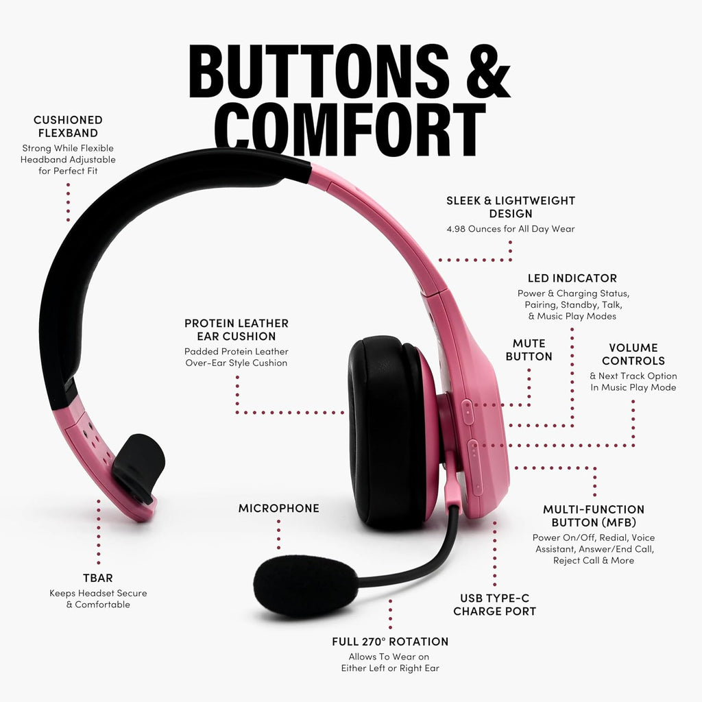 Blue Tiger Storm Rose Gold - Premium Trucker Bluetooth Headset-Wireless Noise Canceling Mono Headset with Mic -High-Fidelity Sound, 30-Hour Talk Time, USB-C Charging - For Truck Drivers, Bluetooth 5.0