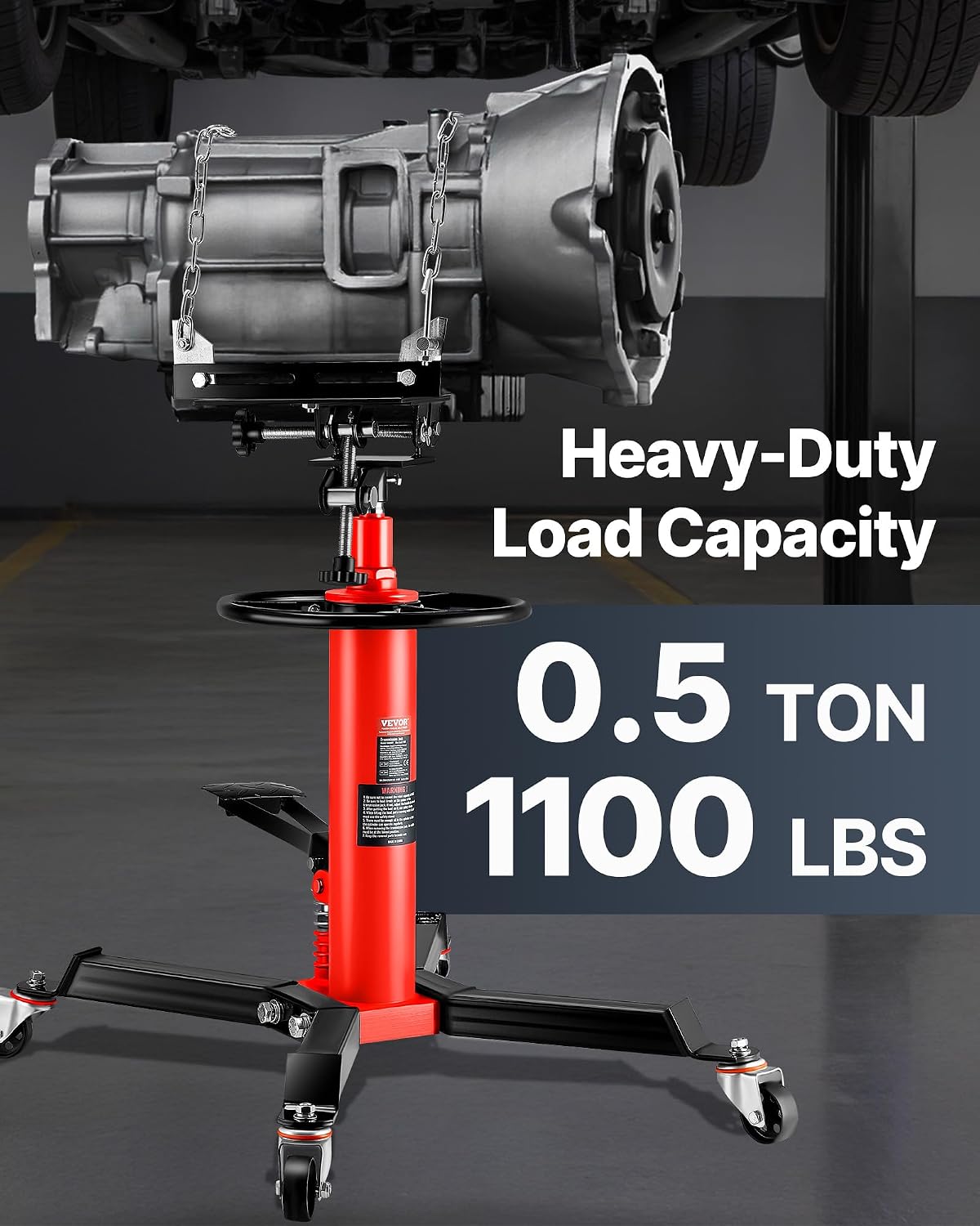 VEVOR 1/2Ton/1100lbs Capacity Hydraulic Transmission Jack, Car & Truck Compatible, 33.5-67 Inch Lift Range, 2-Stage Jack Stand with Foot Pedal, 360 Swivel Wheel, Red