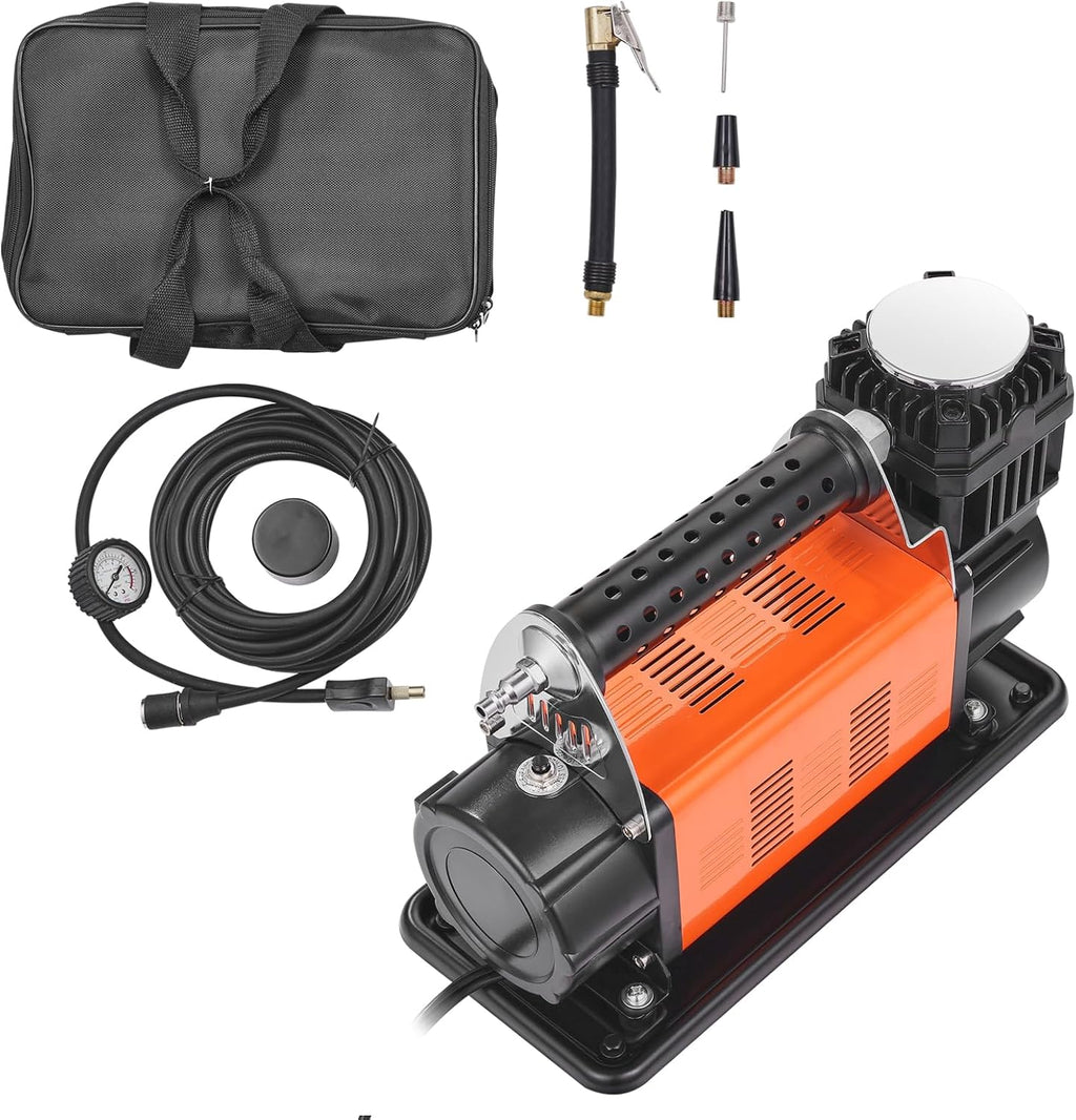 VEVOR 12V Portable Tire Inflator, 7.06CFM Heavy Duty Air Compressor, 150PSI Offroad Air Pump with Adapters for Car SUV RV Truck - Include 6.5FT Power Cord, 26FT Air Hose with Pressure Gauge, Carry Bag