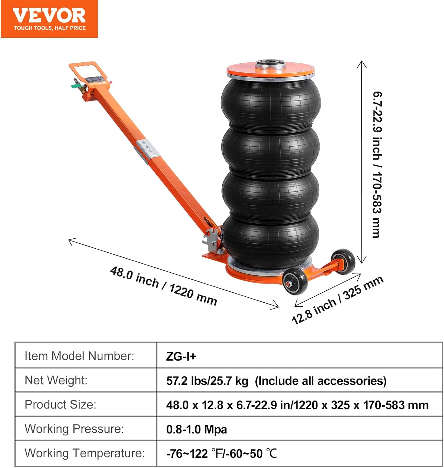VEVOR Air Jack, 6 Ton/13000 lbs Quadruple Bag Air Jack, Lift up to 26.5', with Heightened Column & Adjustable Handle, Thick Rubber Pad, 2-5 S Fast Lifting Pneumatic Jack for Car, SUV, Pickup Truck