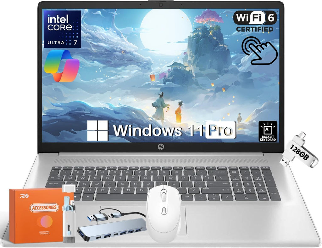 HP 2025 17.3' Business Laptop, Intel Ultra 7 255U 12-Core (Beat Ultra 7 155H), 32 GB DDR5, 1 TB SSD, HD+ Anti-Glare Touchscreen, Intel Graphics, Copilot AI, Backlit KB, WiFi, Win11 Pro, w/Accessories