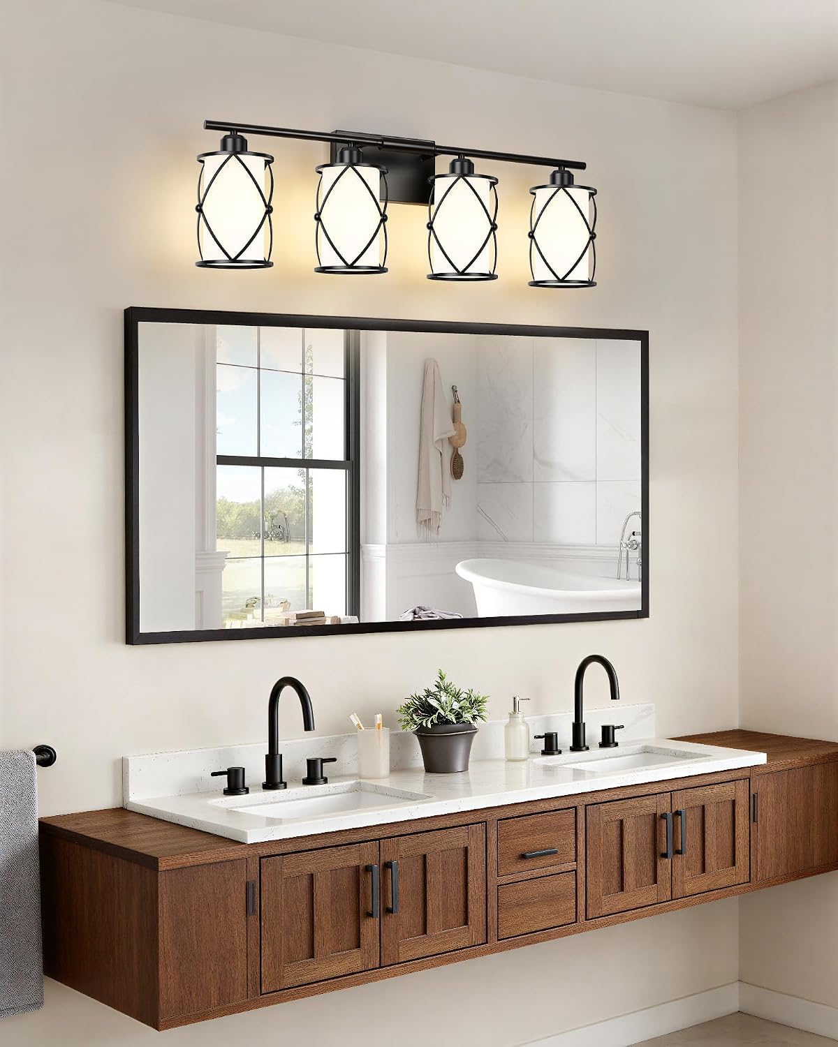 4-Light Black Bathroom Light Fixtures with Milk White Frosted Glass, 29' Modern Bathroom Vanity Lighting Fixtures Over Mirror with Metal Cage, Wall Sconce Lights for Bath, E26, CH9176BKW-4W
