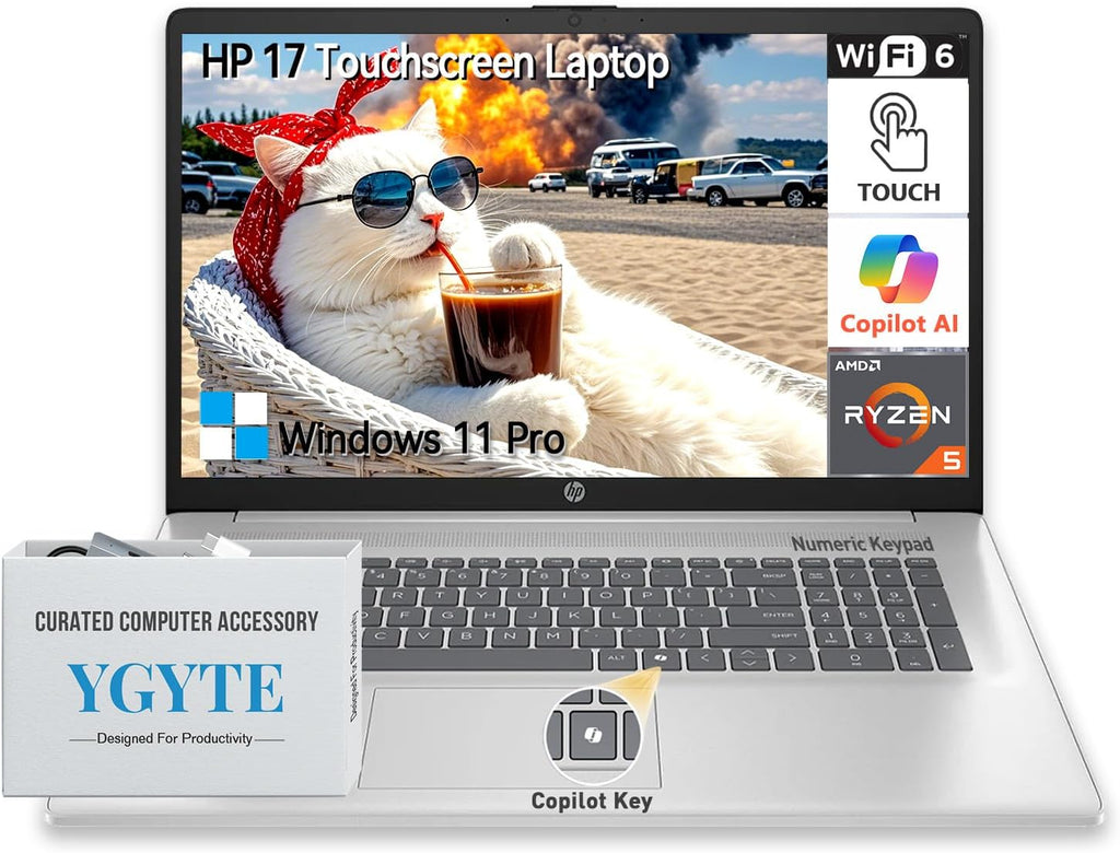 HP 17 Inch Laptop Touchscreen Computer, 17.3 HD+ Touch Screen Business Laptop, AMD Ryzen 5(6-Cores), Windows 11 Pro, 10-Key Number Pad, 16GB RAM 1TB SSD