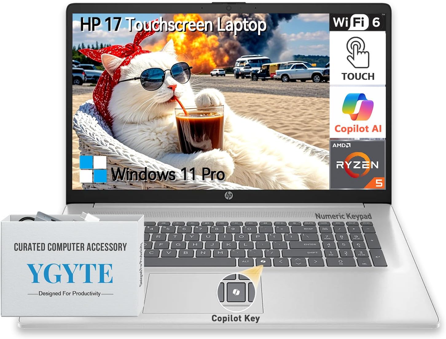 HP 17 Inch Laptop Touchscreen Computer, 17.3 HD+ Touch Screen Business Laptop, AMD Ryzen 5(6-Cores), Windows 11 Pro, 10-Key Number Pad, 32GB RAM 2TB SSD