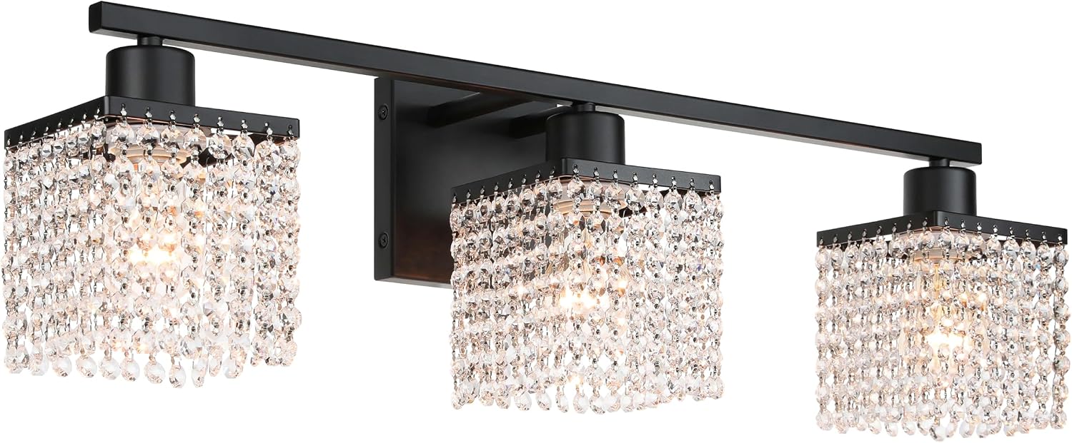 XiNBEi Lighting 3-Light Bathroom Vanity Light, Black Bathroom Light Fixtures Over Mirror with K9 Clear Crystal String Shade Modern Crystal Vanity Lights for Bathroom XB-W327-3-MB