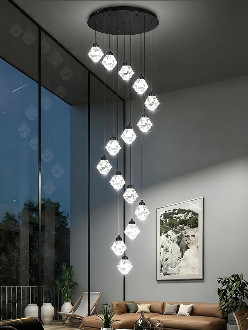 H138in Foyer Chandelier Staircase Chandeliers for High Ceiling Black Pendant Light Fixture 14-Lights Crystal Chandelier Lighting Fixture for Living Room Staircase Villa
