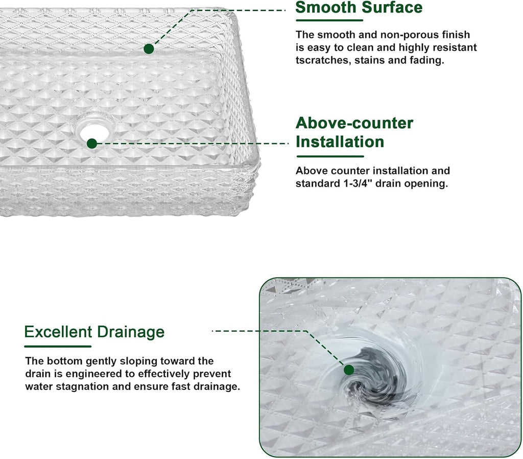 Sarlai Bathroom Vessel Sink Tempered Glass Bowl Vessel Sink with Pop-up Drain Combo 17-1/2x13 Inch Diamond Rectangular Countertop Bathroom Sink Basin