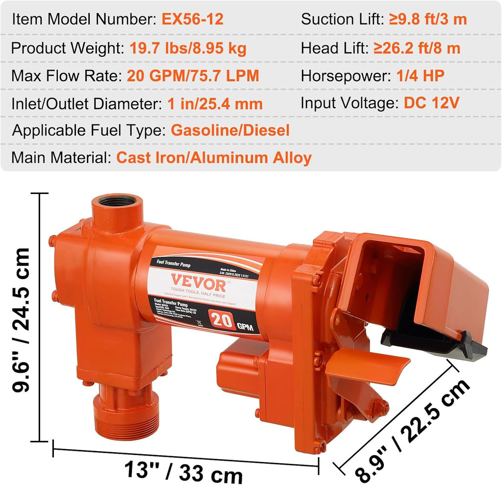 VEVOR Fuel Transfer Pump, 12V DC 20 GPM 1/4 HP, High Flow Cast Iron Gasoline Extractor Pump with Fuel Collection Box Design for Gasoline, Diesel, Kerosene, Ethanol & Methanol Blends, and Biodiesel
