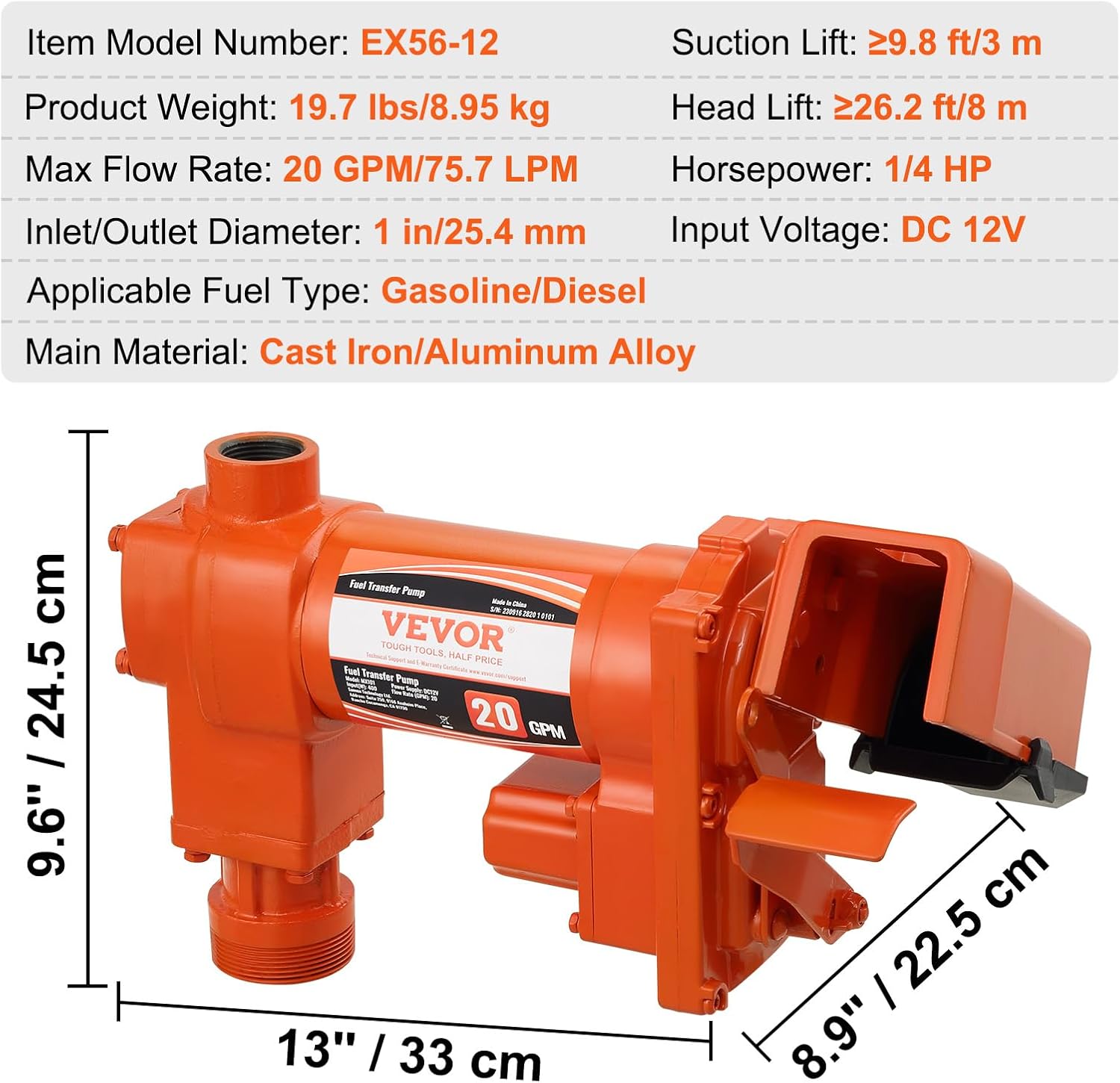 VEVOR Fuel Transfer Pump, 12V DC 20 GPM 1/4 HP, High Flow Cast Iron Gasoline Extractor Pump with Fuel Collection Box Design for Gasoline, Diesel, Kerosene, Ethanol & Methanol Blends, and Biodiesel