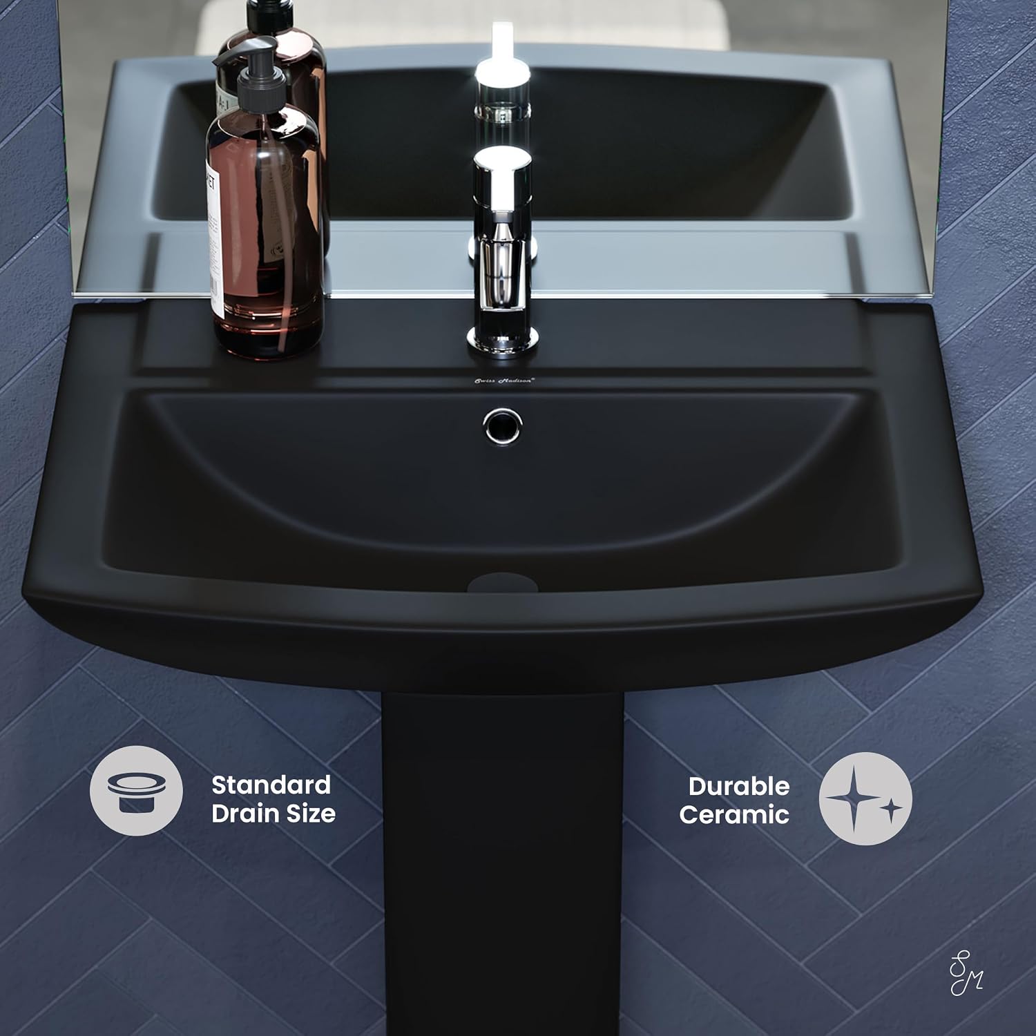 Sublime Square Two-Piece Ceramic Pedestal Bathroom Sink in Matte Black with Overflow, Single Faucet Hole, Standard 1.75 in Drain