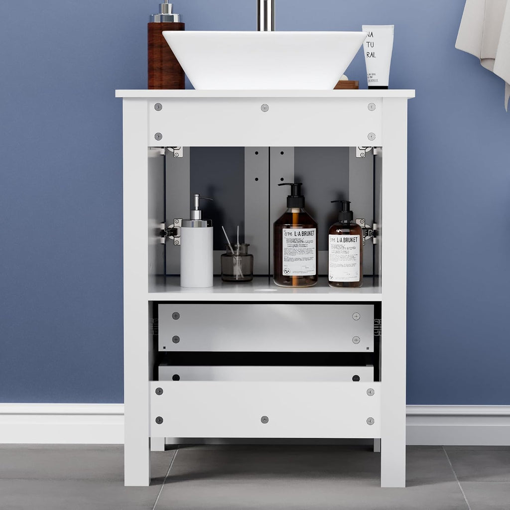 UEV 24' White Bathroom Vanity with Ceramic Vessel Sink, Modern Bathroom Vanity Cabinet, Pop Up Drain and 30% Water-Saving Design, Faucet, Soft Closing Drawers/Doors, Mirror Not Included(A07)