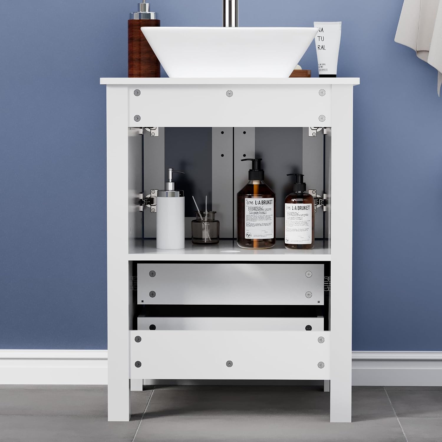 UEV 24' White Bathroom Vanity with Ceramic Vessel Sink, Modern Bathroom Vanity Cabinet, Pop Up Drain and 30% Water-Saving Design, Faucet, Soft Closing Drawers/Doors, Mirror Not Included(A07)