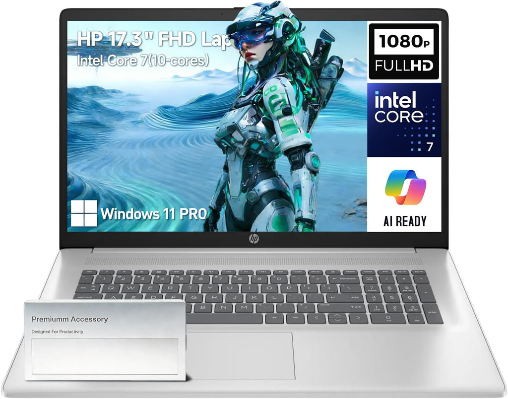 HP 17 Inch Laptop Computer, 17.3' FHD IPS Business Laptop PC, Intel Core 7 (10-Cores, Beats i7-1355U), Windows 11 Pro 32GB RAM 2TB SSD, 10-Key Number Pad, for Business, Students & Home, wAccessory