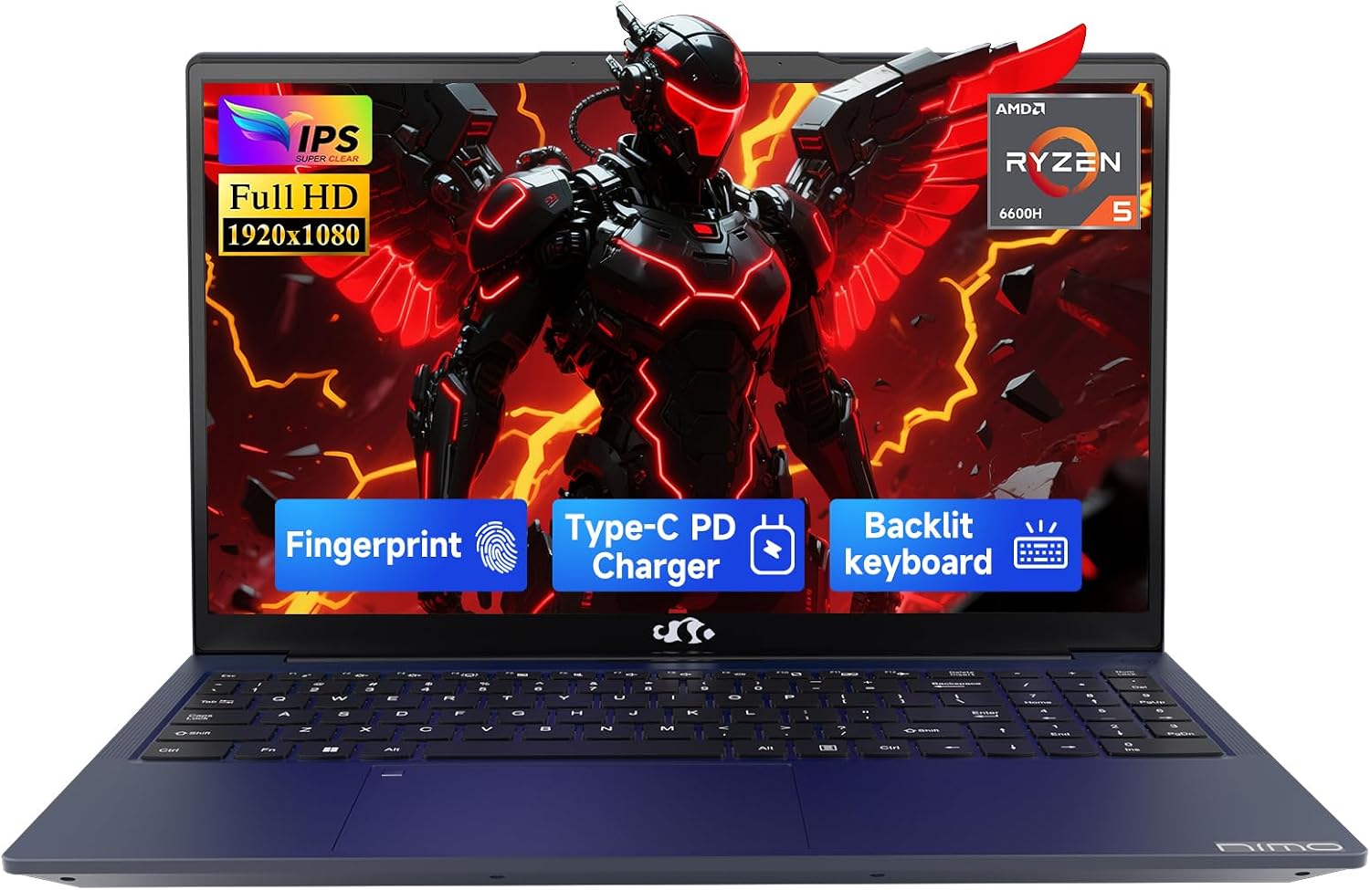NIMO 15.6' IPS FHD-Gaming-Laptop,AMD Ryzen 5 6600H 16GB DDR5 RAM 512GB SSD (Beat R5-7520U, 6 Cores Up to 4.5GHz) AMD Radeon 660M GPU-Computer with 100W Type-C Backlit Keyboard Fingerprint (Renewed)