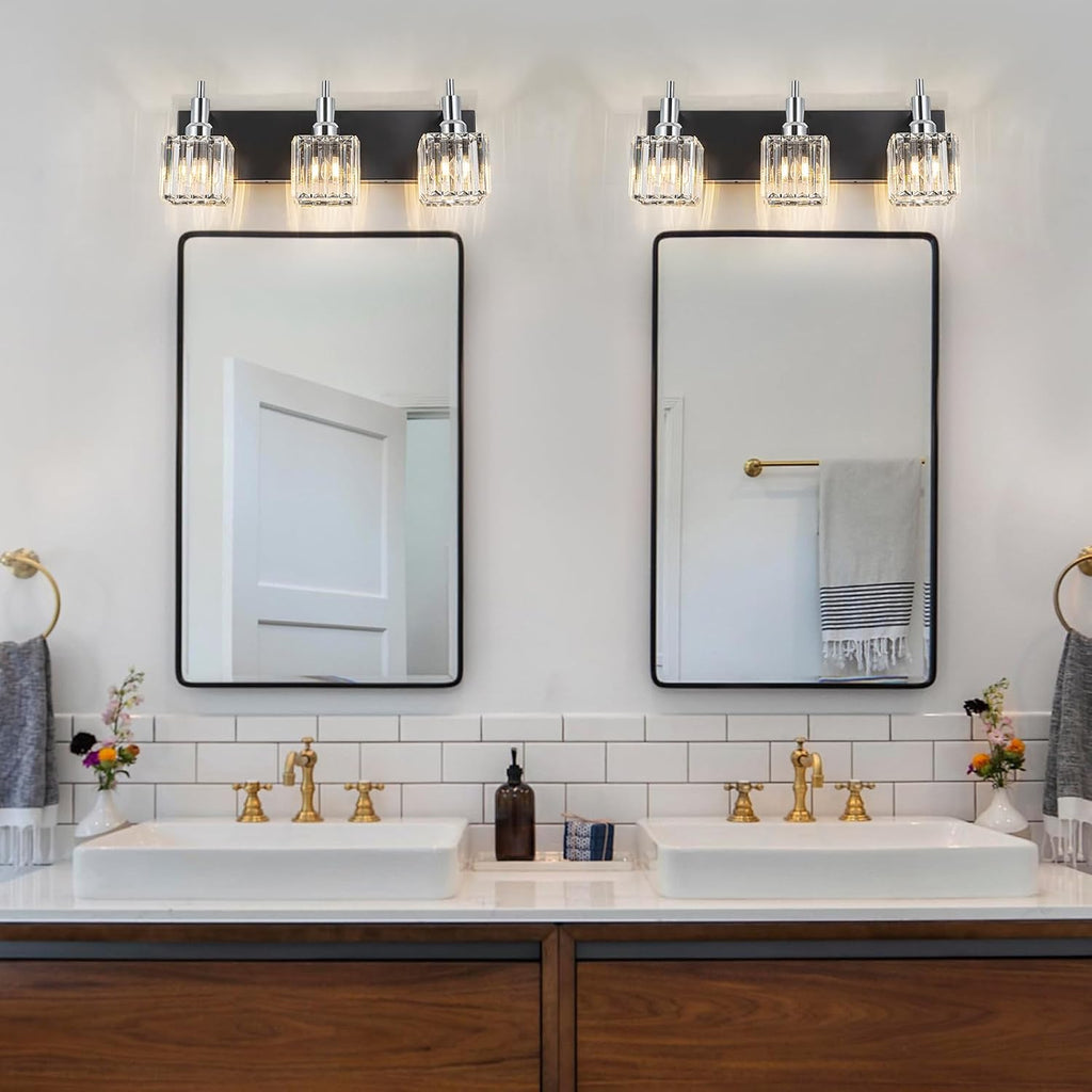 Chrome Bathroom Vanity Lights, Modern 3 Lights Crystal Bathroom Lighting Fixtures Over Mirror Black Chrome Wall Light with Square Shade