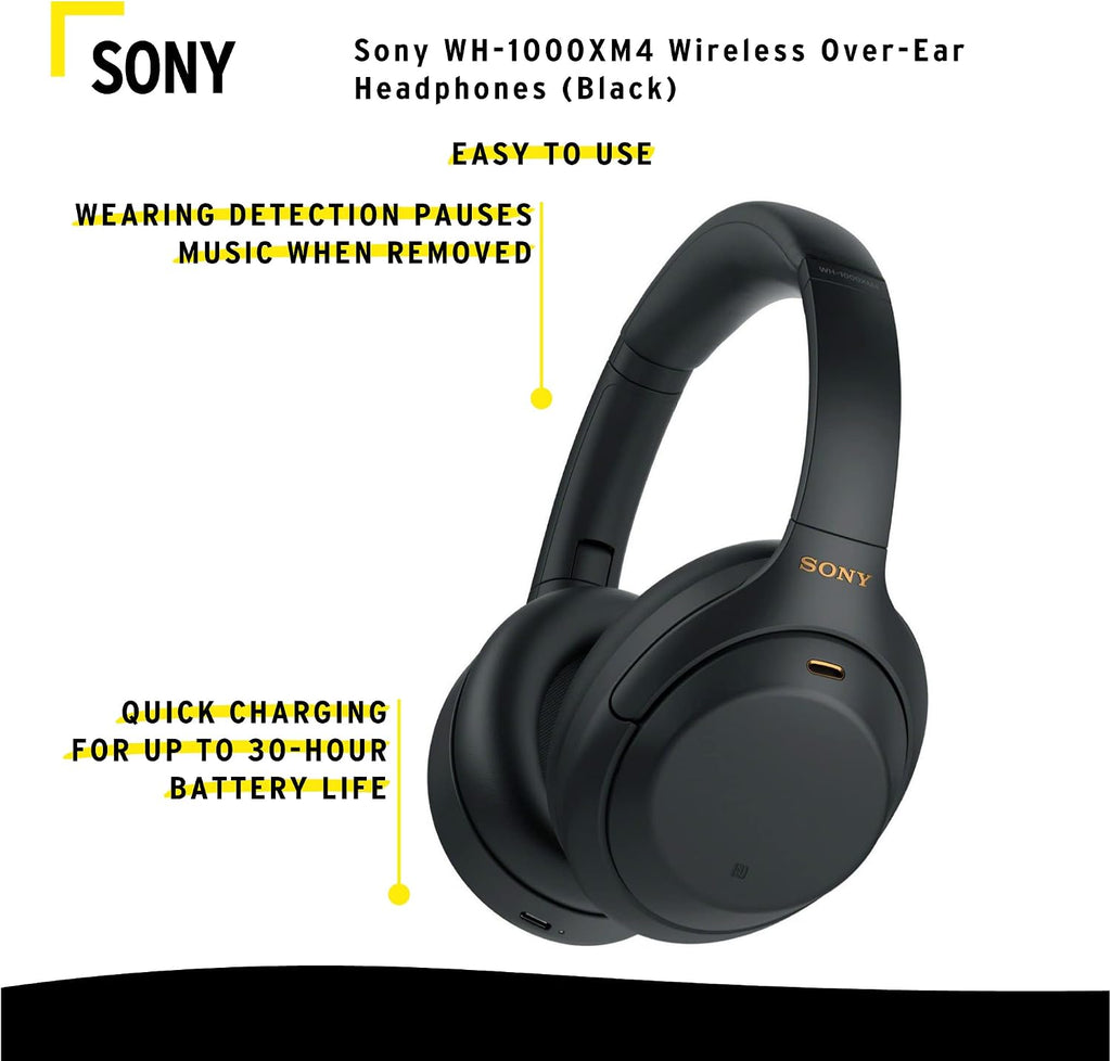 Sony WH-1000XM4 Wireless Bluetooth Noise Canceling Over-Ear Headphones (Black) Bundle with 10000mAh Ultra-Portable LED Display Wireless Quick Charge Battery Bank (2 Items)