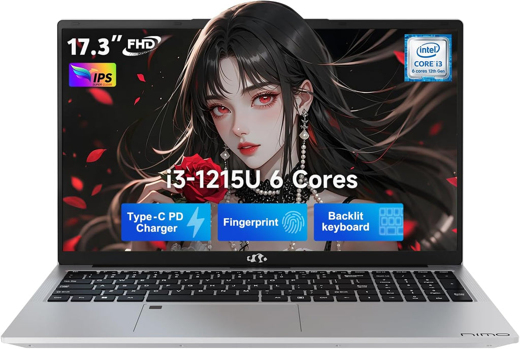 NIMO 17.3' IPS FHD-Student-Laptop, Intel 6 Cores i3-1215U 64GB RAM 1TB SSD (Beat 5 7520U, Up to 4.4GHz) Computer with 65W Type C Fingerprint Backlit Keyboard Wi-Fi 6 BT5.2, for Home and Business