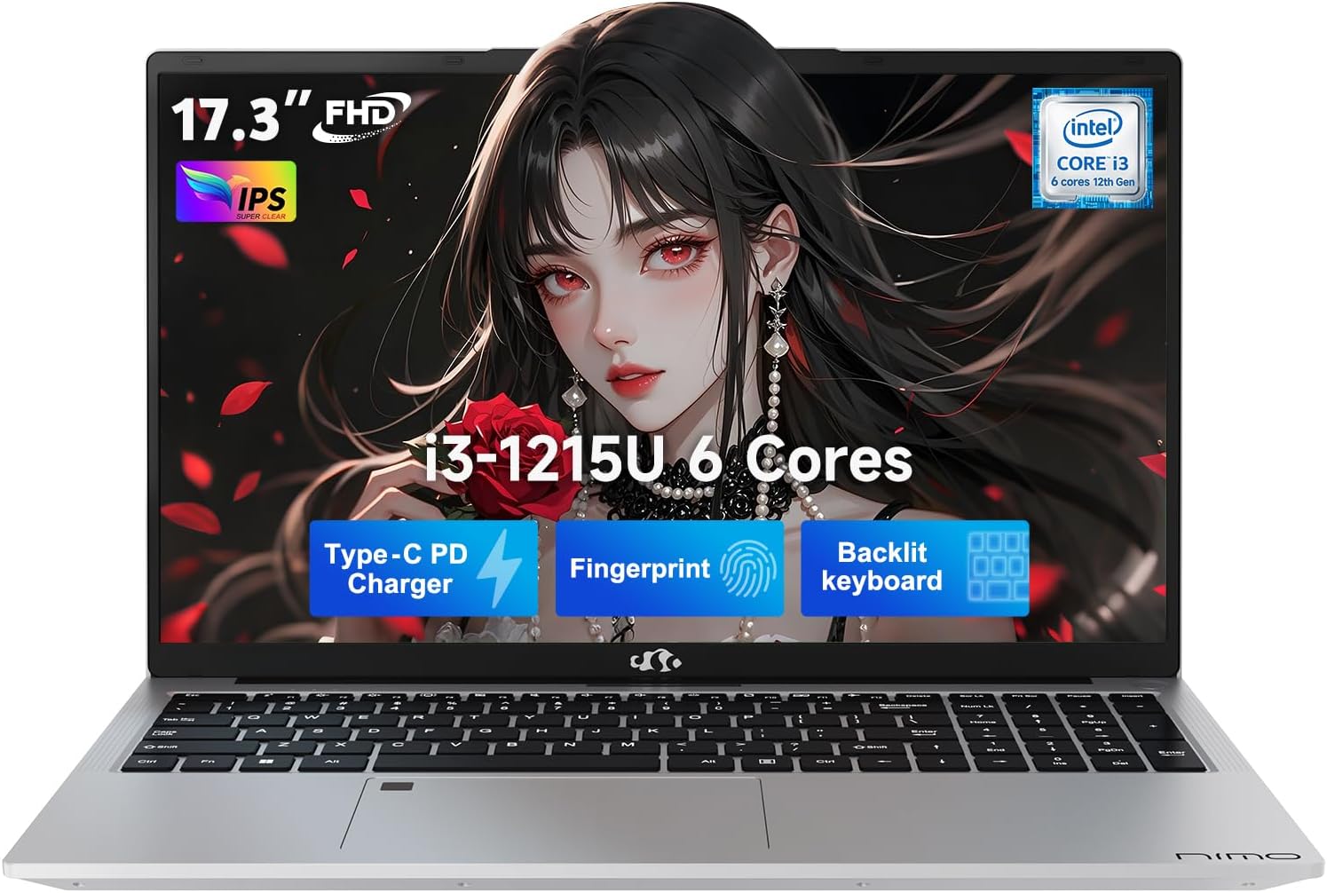 NIMO 17.3' IPS FHD-Student-Laptop, Intel 6 Cores i3-1215U 64GB RAM 1TB SSD (Beat 5 7520U, Up to 4.4GHz) Computer with 65W Type C Fingerprint Backlit Keyboard Wi-Fi 6 BT5.2, for Home and Business