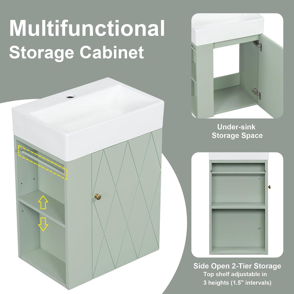 20-inch Bathroom Vanity with Sink Combo, Wall-Mounted Single Storage Cabinet with One Cabinet & Left 2-Tier Storage Shelves, Wooden Vanity with Ceramic Basin for Bathroom, Green