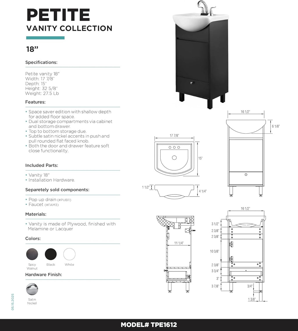 Fine Fixtures Petite 18 Inch Bathroom Vanity with Sink, Small Freestanding Bathroom Cabinet, Space-Saving Vanity Sink Combo Design, Dual Storage, Satin Black